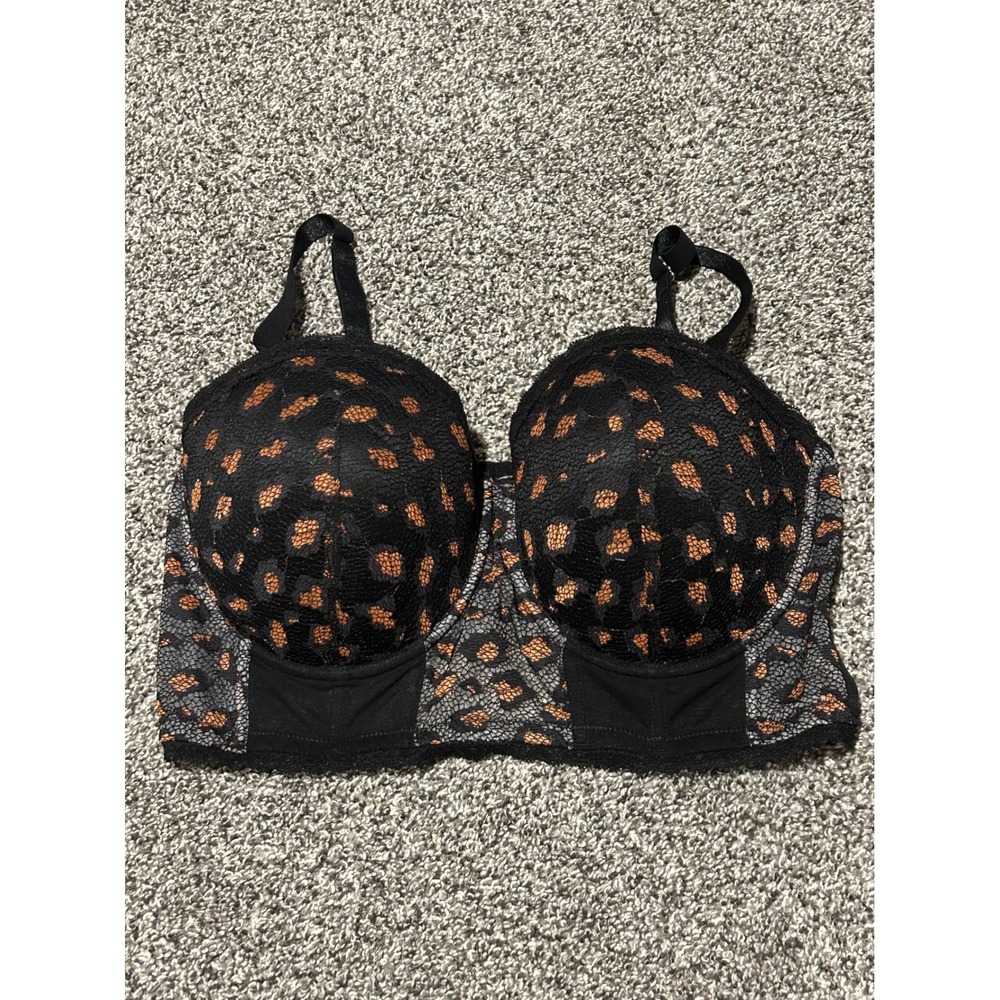 A18 Simply Be Womens 40DDD Black Orange Leopard Lace Padded Underwire Bra‎